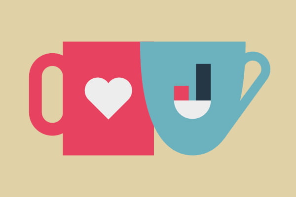 Illustrasjon av to kaffekopper, en med hjerte og en med J'e